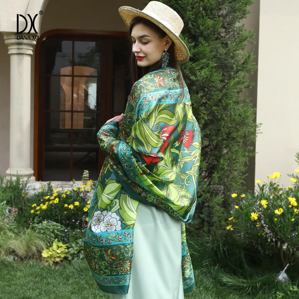 DANA XU Women's 100% Mulberry Satin Silk Pashmina Shawl Wraps Extra Large Floral Scarf for Evening Dresses, Soft Oversized