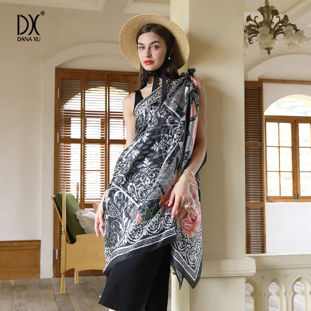 DANA XU Women's 100% Mulberry Satin Silk Pashmina Shawl Wraps Extra Large Floral Scarf for Evening Dresses, Soft Oversized