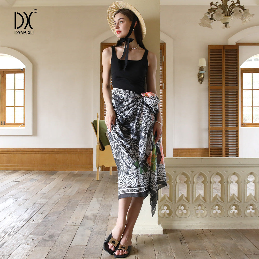 DANA XU Women's 100% Mulberry Satin Silk Pashmina Shawl Wraps Extra Large Floral Scarf for Evening Dresses, Soft Oversized