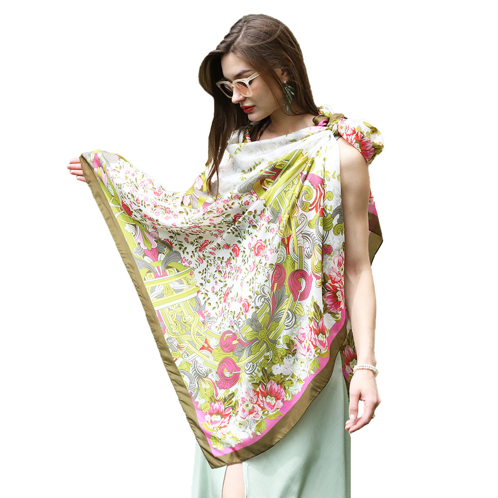 DANA XU Women's 100% Mulberry Satin Silk Pashmina Shawl Wraps Extra Large Floral Scarf for Evening Dresses, Soft Oversized