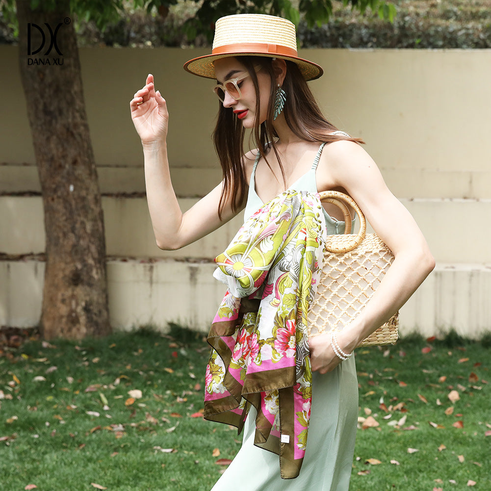 DANA XU Women's 100% Mulberry Satin Silk Pashmina Shawl Wraps Extra Large Floral Scarf for Evening Dresses, Soft Oversized