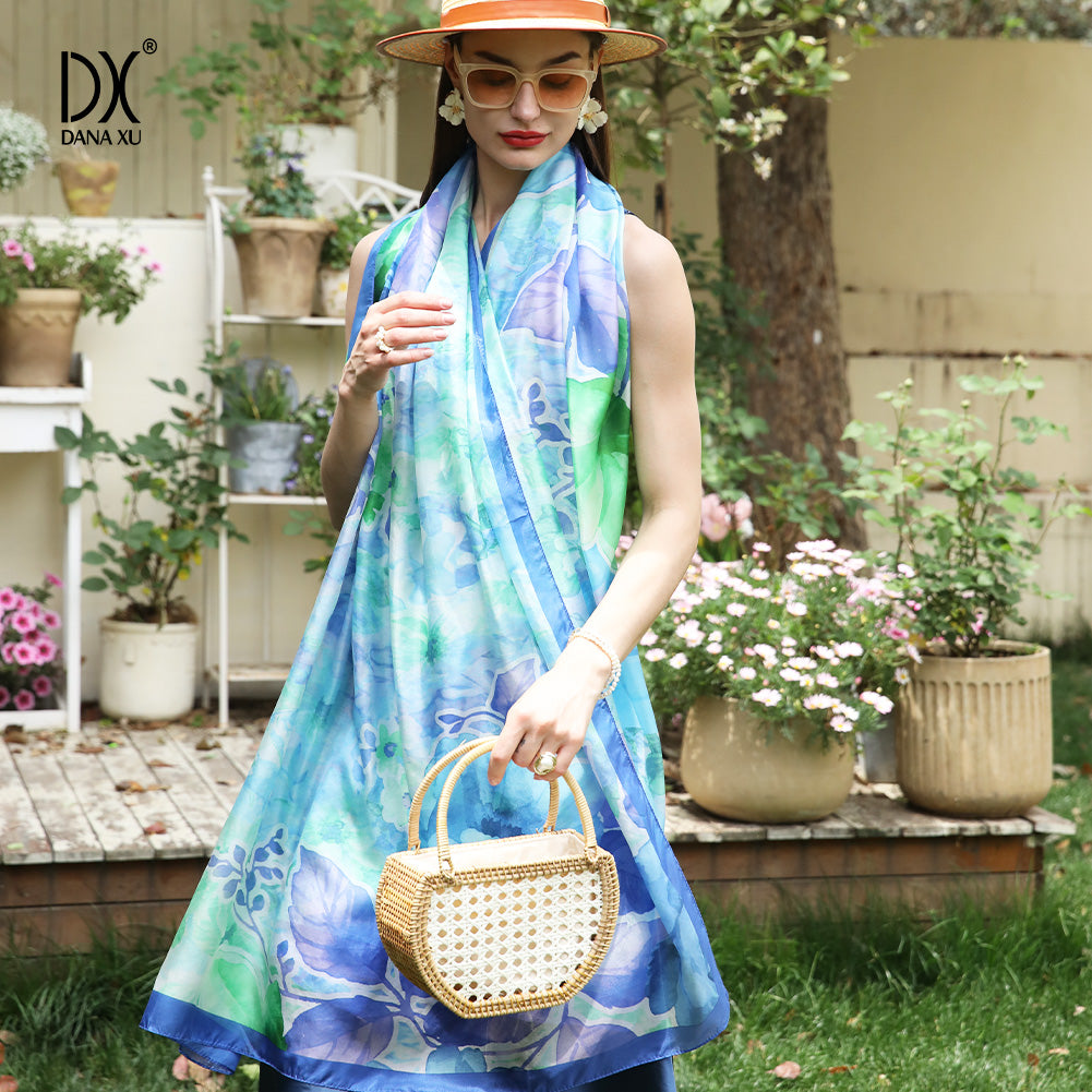 DANA XU Women's 100% Mulberry Satin Silk Pashmina Shawl Wraps Extra Large Floral Scarf for Evening Dresses, Soft Oversized