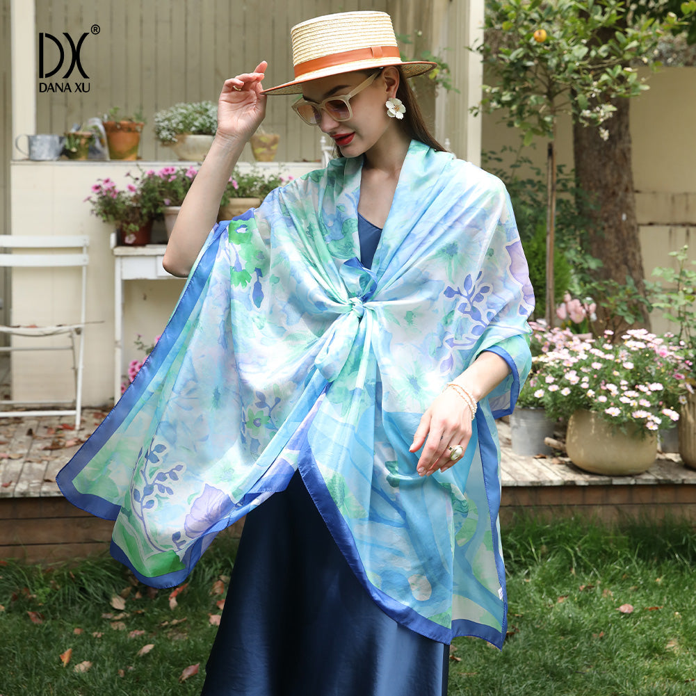 DANA XU Women's 100% Mulberry Satin Silk Pashmina Shawl Wraps Extra Large Floral Scarf for Evening Dresses, Soft Oversized