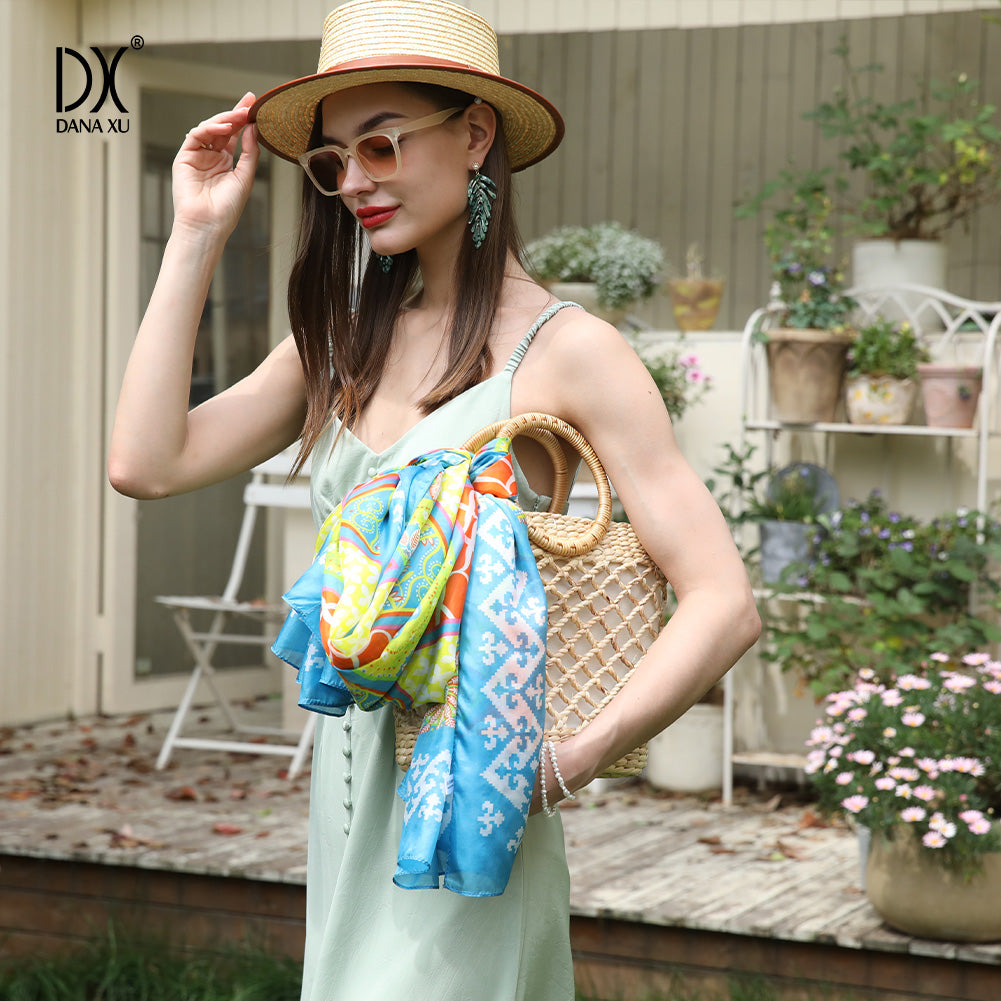 DANA XU Women's 100% Mulberry Satin Silk Pashmina Shawl Wraps Extra Large Floral Scarf for Evening Dresses, Soft Oversized