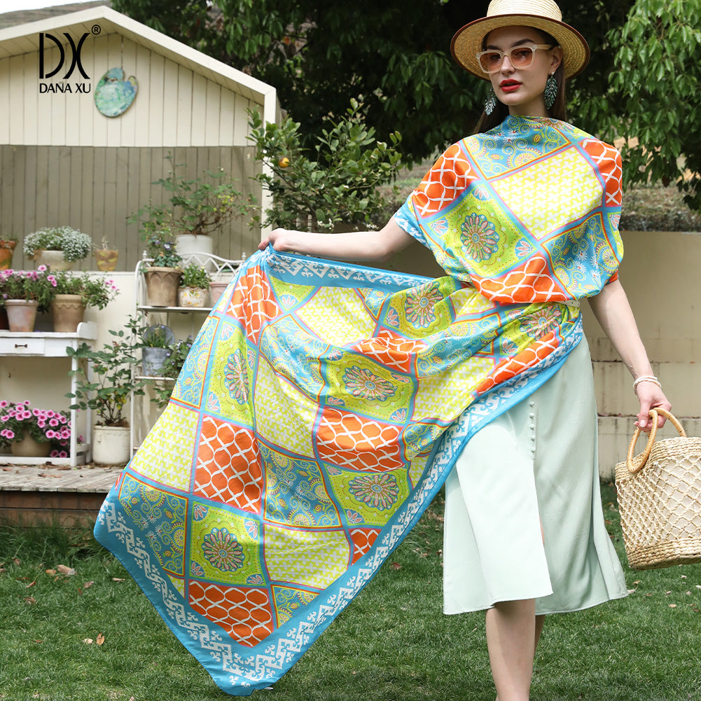 DANA XU Women's 100% Mulberry Satin Silk Pashmina Shawl Wraps Extra Large Floral Scarf for Evening Dresses, Soft Oversized