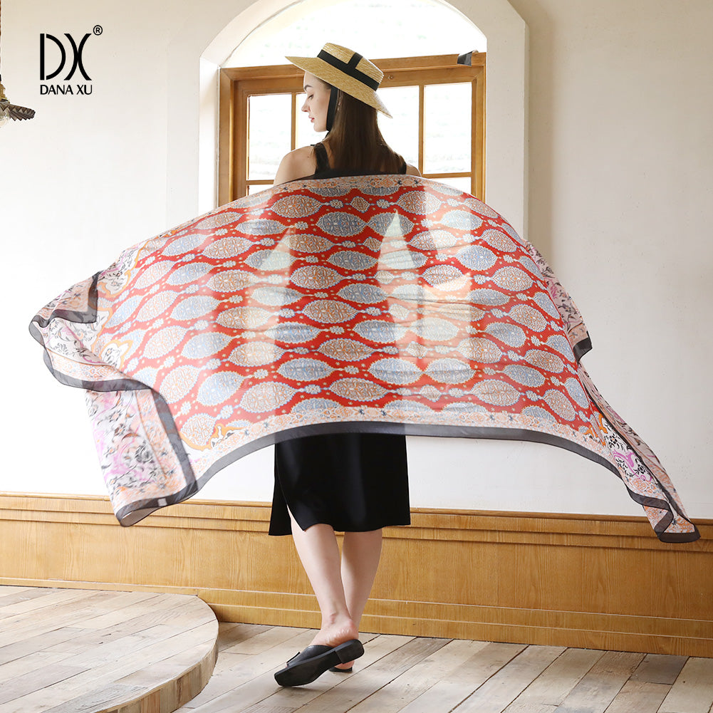 DANA XU Women's 100% Mulberry Satin Silk Pashmina Shawl Wraps Extra Large Floral Scarf for Evening Dresses, Soft Oversized