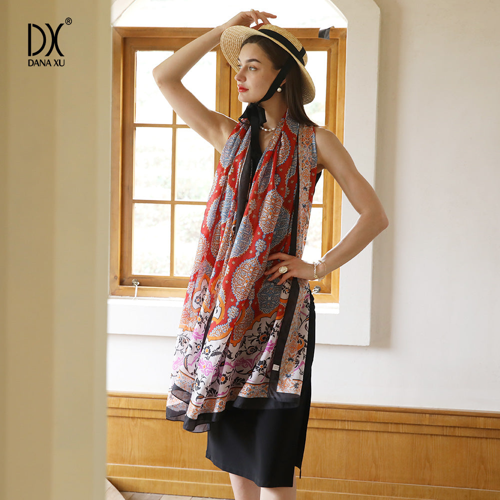 DANA XU Women's 100% Mulberry Satin Silk Pashmina Shawl Wraps Extra Large Floral Scarf for Evening Dresses, Soft Oversized