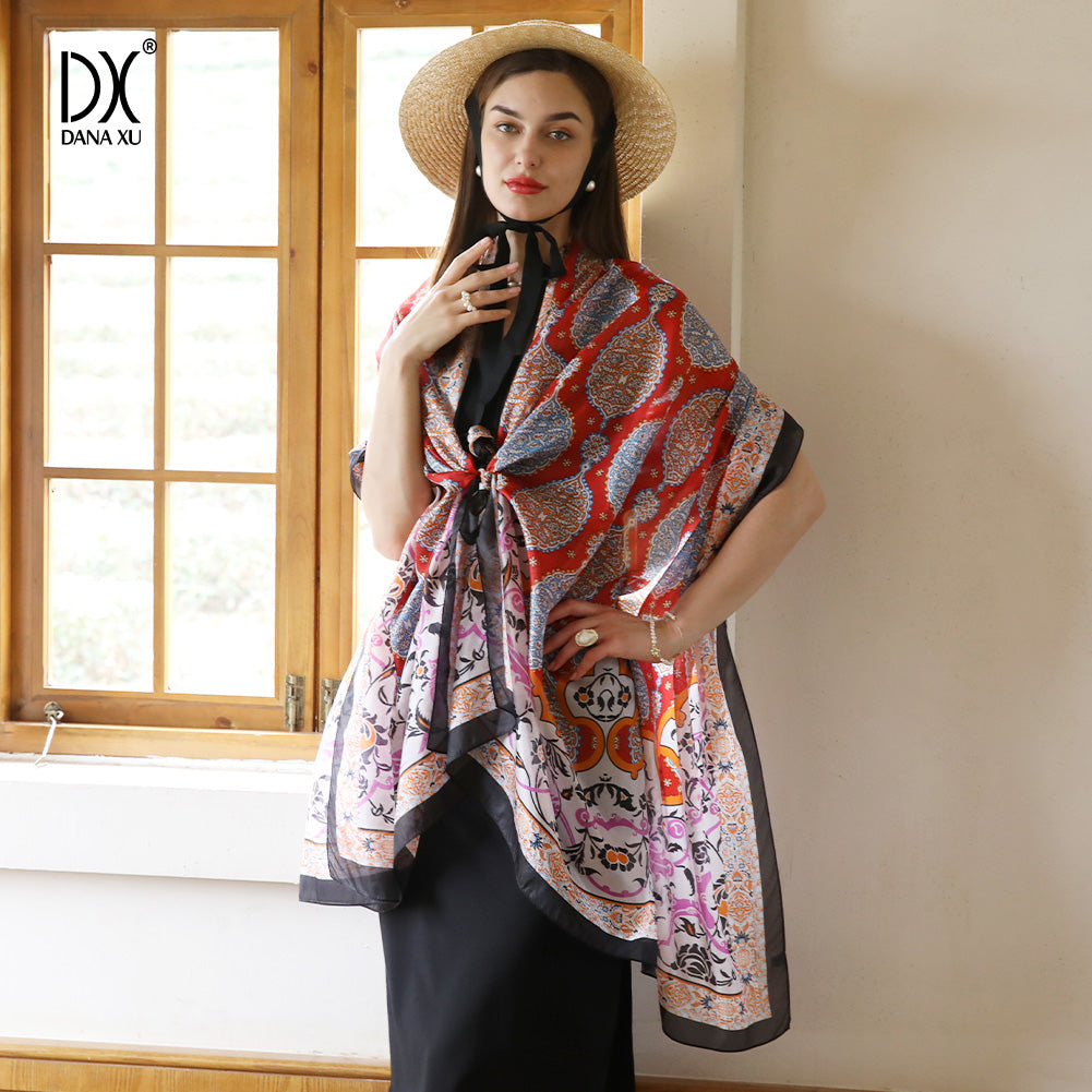 DANA XU Women's 100% Mulberry Satin Silk Pashmina Shawl Wraps Extra Large Floral Scarf for Evening Dresses, Soft Oversized