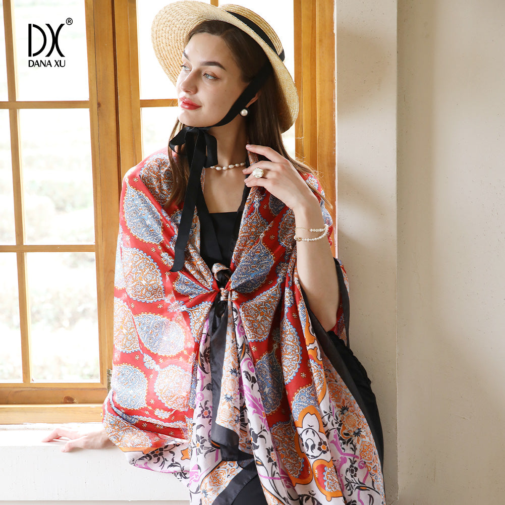 DANA XU Women's 100% Mulberry Satin Silk Pashmina Shawl Wraps Extra Large Floral Scarf for Evening Dresses, Soft Oversized