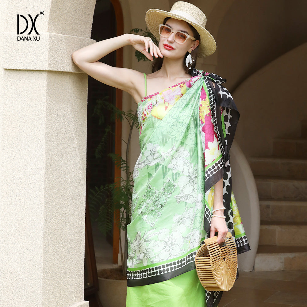 DANA XU Women's 100% Mulberry Satin Silk Pashmina Shawl Wraps Extra Large Floral Scarf for Evening Dresses, Soft Oversized