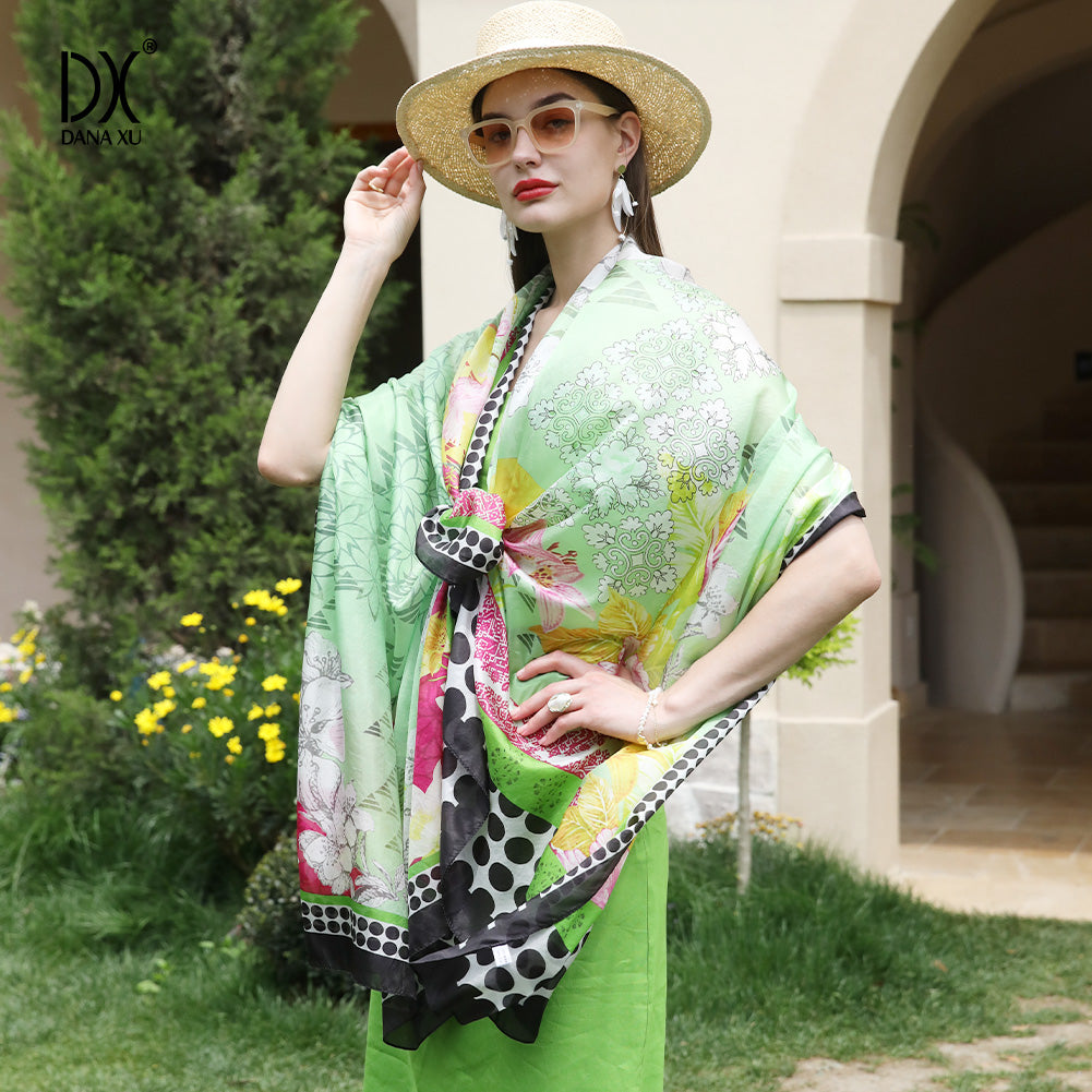 DANA XU Women's 100% Mulberry Satin Silk Pashmina Shawl Wraps Extra Large Floral Scarf for Evening Dresses, Soft Oversized