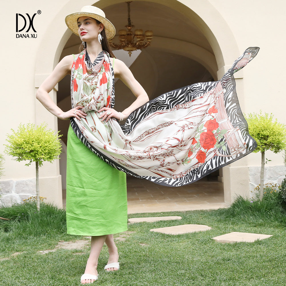 DANA XU Women's 100% Mulberry Satin Silk Pashmina Shawl Wraps Extra Large Floral Scarf for Evening Dresses, Soft Oversized