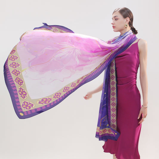 DANA XU Women's 100% Mulberry Satin Silk Pashmina Shawl Wraps Extra Large Floral Scarf for Evening Dresses, Soft Oversized