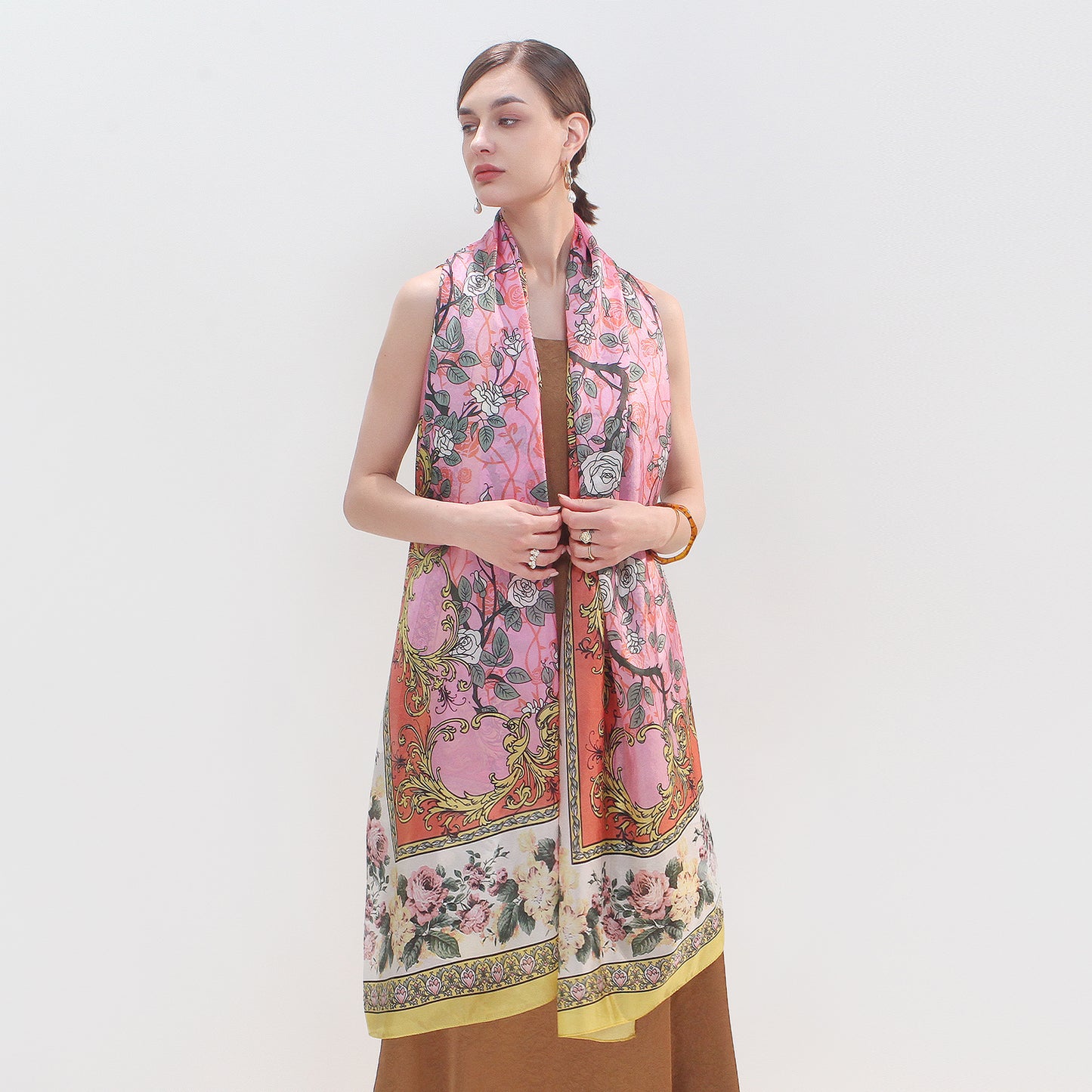 DANA XU Women's 100% Mulberry Satin Silk Pashmina Shawl Wraps Extra Large Floral Scarf for Evening Dresses, Soft Oversized