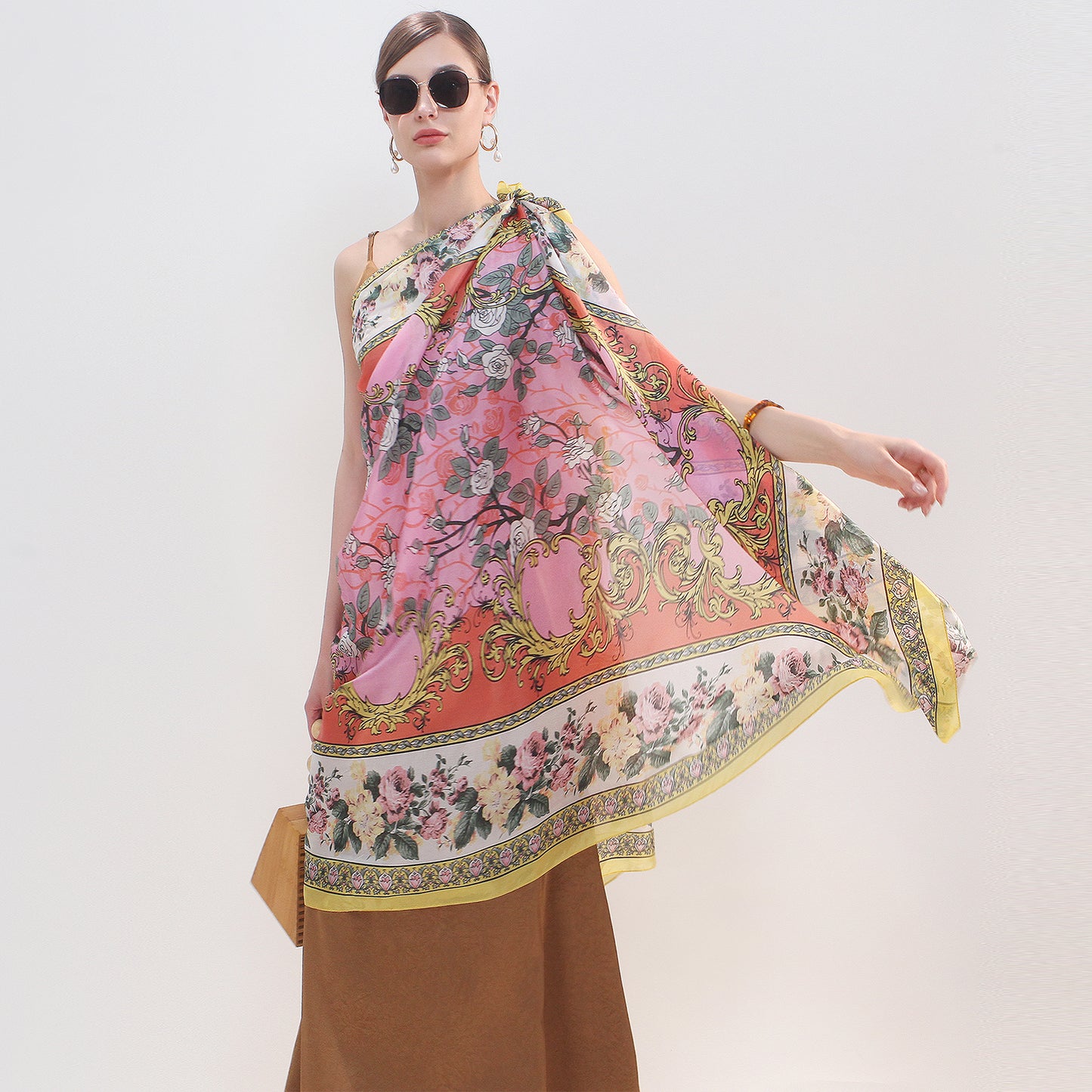 DANA XU Women's 100% Mulberry Satin Silk Pashmina Shawl Wraps Extra Large Floral Scarf for Evening Dresses, Soft Oversized