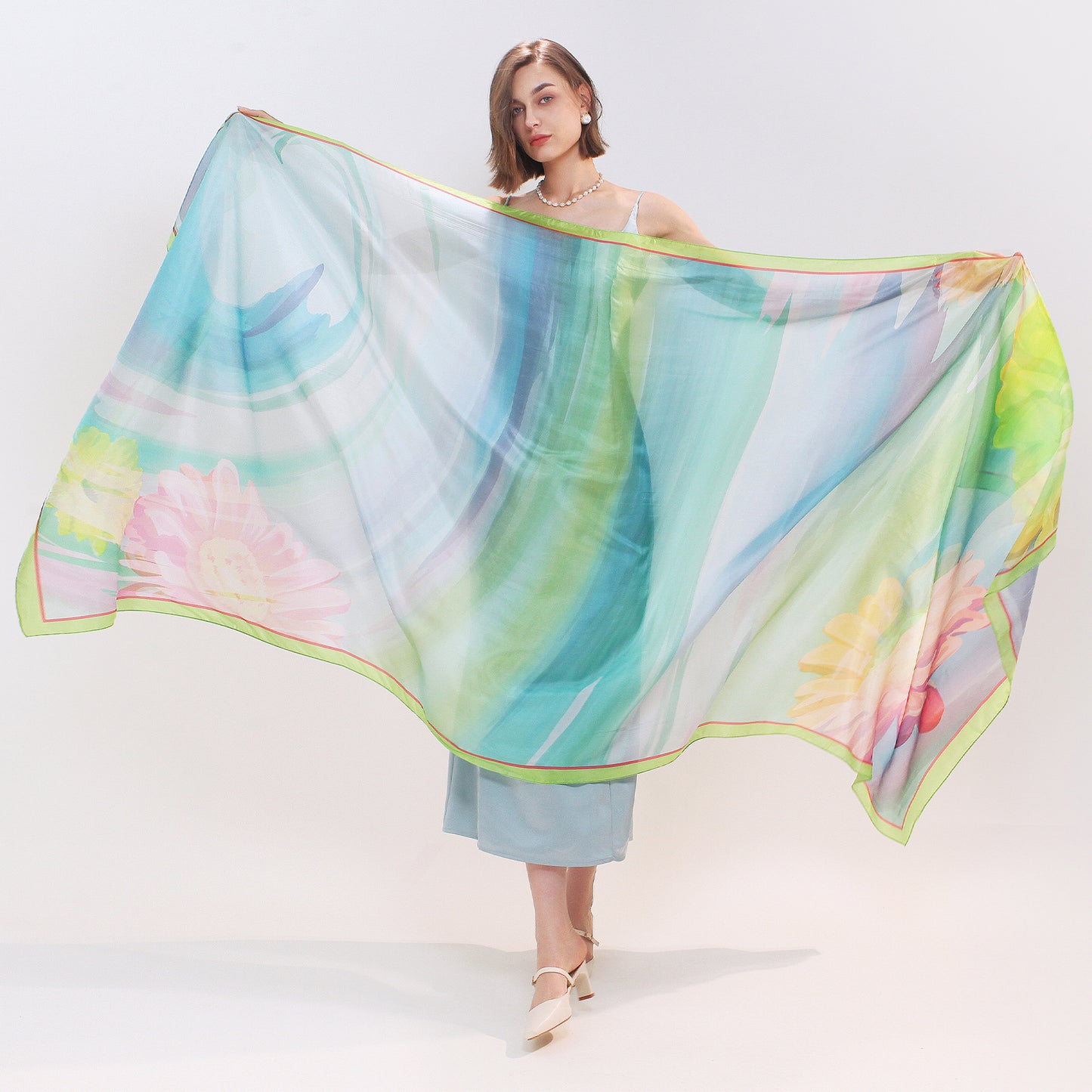 DANA XU Women's 100% Mulberry Satin Silk Pashmina Shawl Wraps Extra Large Floral Scarf for Evening Dresses, Soft Oversized