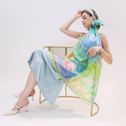 DANA XU Women's 100% Mulberry Satin Silk Pashmina Shawl Wraps Extra Large Floral Scarf for Evening Dresses, Soft Oversized