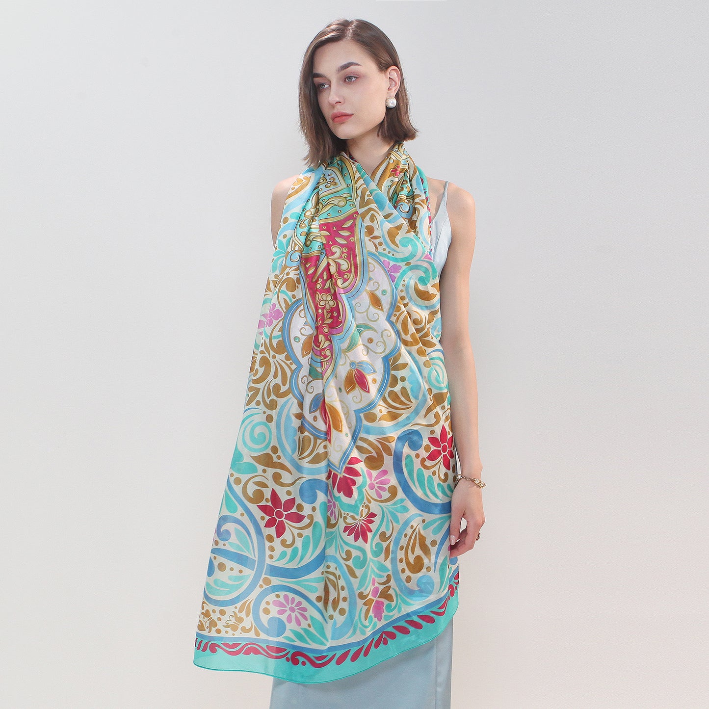 DANA XU Women's 100% Mulberry Satin Silk Pashmina Shawl Wraps Extra Large Floral Scarf for Evening Dresses, Soft Oversized