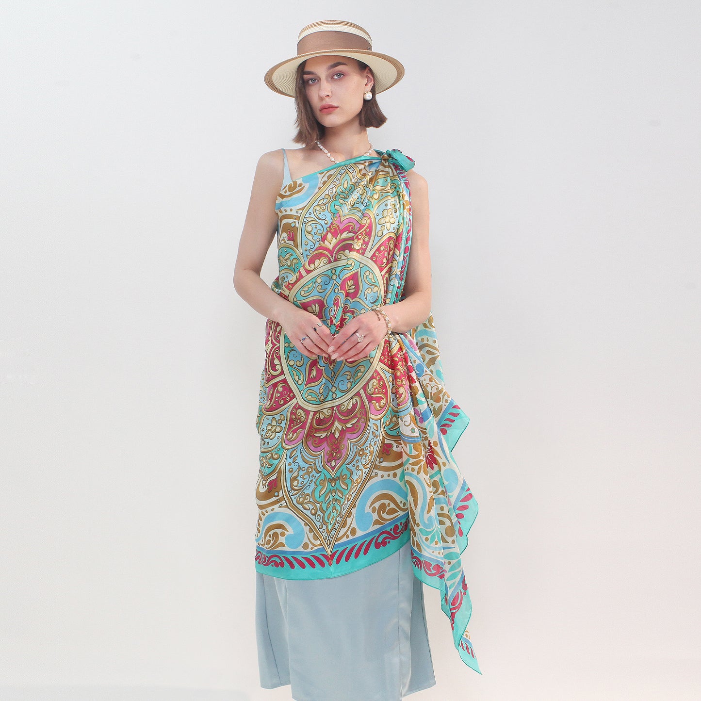 DANA XU Women's 100% Mulberry Satin Silk Pashmina Shawl Wraps Extra Large Floral Scarf for Evening Dresses, Soft Oversized