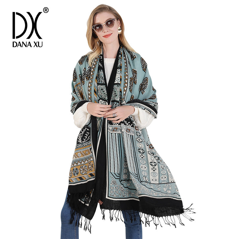 DANA XU 100% Merino Wool Extra Large Pashmina Blanket Travel Scarf Cashmere Wrap for Women Fall Winter Oversize Shawl Floral