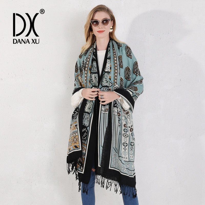 DANA XU 100% Merino Wool Extra Large Pashmina Blanket Travel Scarf Cashmere Wrap for Women Fall Winter Oversize Shawl Floral