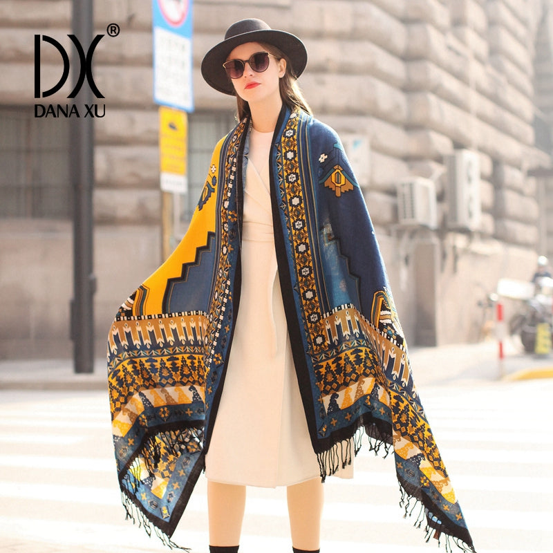 DANA XU 100% Merino Wool Extra Large Pashmina Blanket Travel Scarf Cashmere Wrap for Women Fall Winter Oversize Shawl Floral