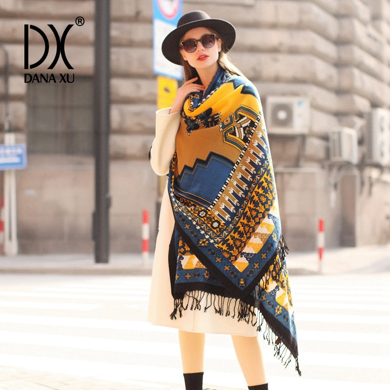 DANA XU 100% Merino Wool Extra Large Pashmina Blanket Travel Scarf Cashmere Wrap for Women Fall Winter Oversize Shawl Floral