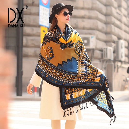 DANA XU 100% Merino Wool Extra Large Pashmina Blanket Travel Scarf Cashmere Wrap for Women Fall Winter Oversize Shawl Floral