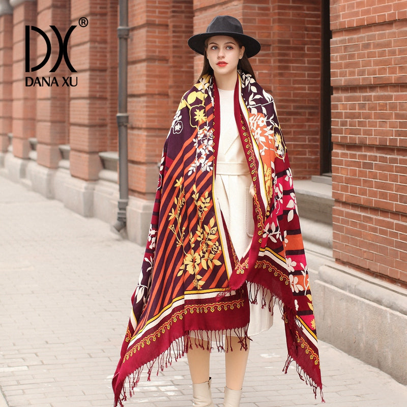 DANA XU 100% Merino Wool Extra Large Pashmina Blanket Travel Scarf Cashmere Wrap for Women Fall Winter Oversize Shawl Floral