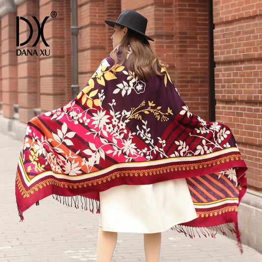 DANA XU 100% Merino Wool Extra Large Pashmina Blanket Travel Scarf Cashmere Wrap for Women Fall Winter Oversize Shawl Floral