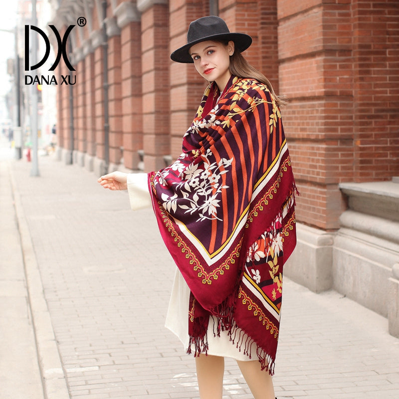 DANA XU 100% Merino Wool Extra Large Pashmina Blanket Travel Scarf Cashmere Wrap for Women Fall Winter Oversize Shawl Floral