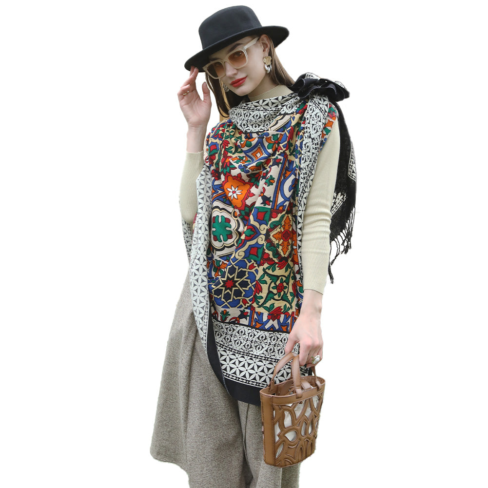 DANA XU 100% Merino Wool Extra Large Pashmina Blanket Travel Scarf Cashmere Wrap for Women Fall Winter Oversize Shawl Floral