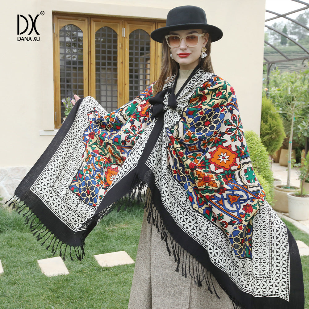DANA XU 100% Merino Wool Extra Large Pashmina Blanket Travel Scarf Cashmere Wrap for Women Fall Winter Oversize Shawl Floral