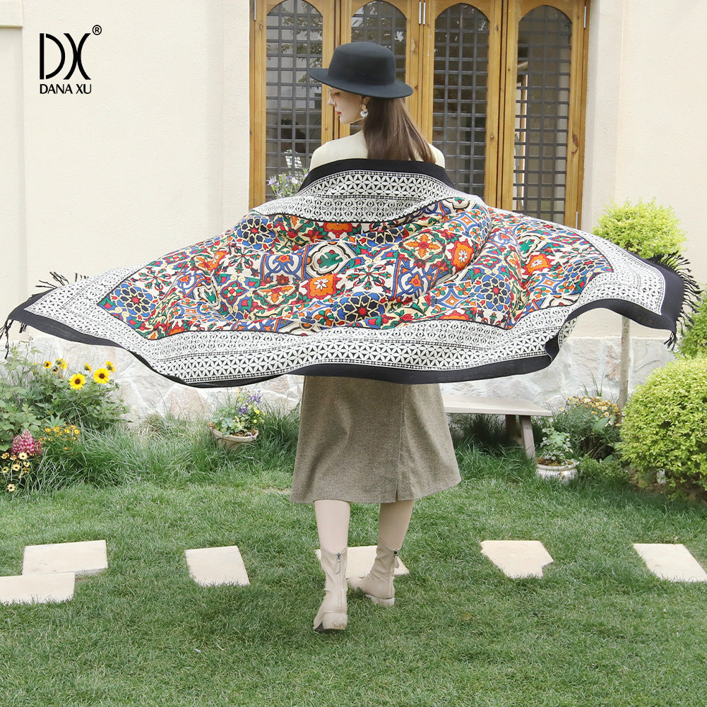 DANA XU 100% Merino Wool Extra Large Pashmina Blanket Travel Scarf Cashmere Wrap for Women Fall Winter Oversize Shawl Floral