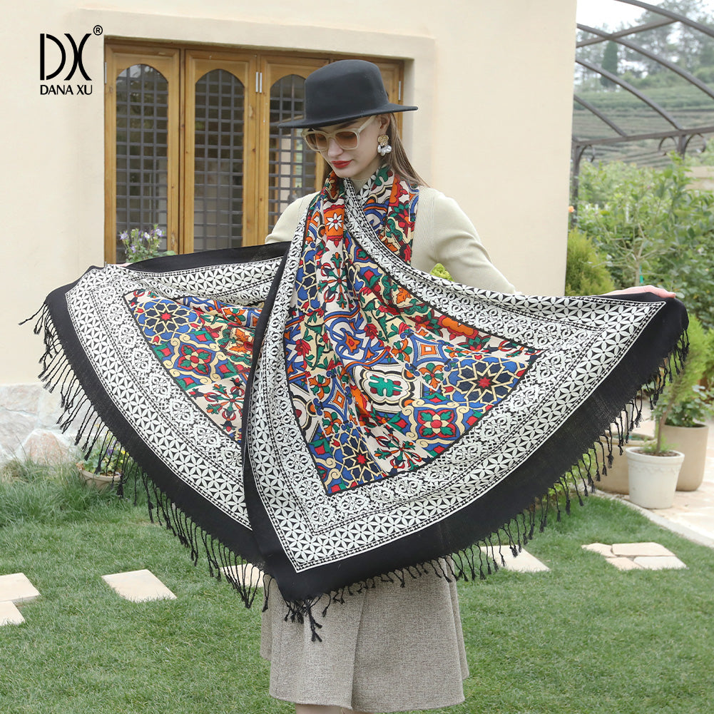 DANA XU 100% Merino Wool Extra Large Pashmina Blanket Travel Scarf Cashmere Wrap for Women Fall Winter Oversize Shawl Floral