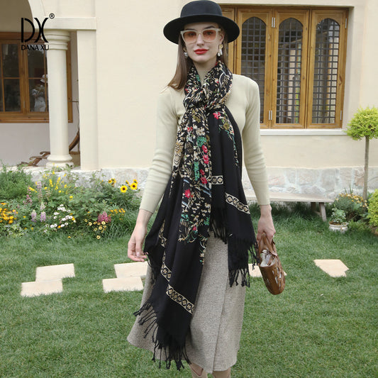 DANA XU 100% Merino Wool Extra Large Pashmina Blanket Travel Scarf Cashmere Wrap for Women Fall Winter Oversize Shawl Floral