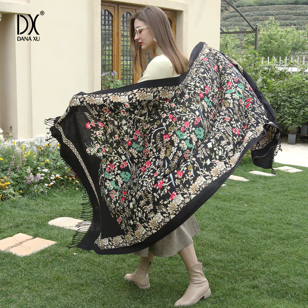 DANA XU 100% Merino Wool Extra Large Pashmina Blanket Travel Scarf Cashmere Wrap for Women Fall Winter Oversize Shawl Floral