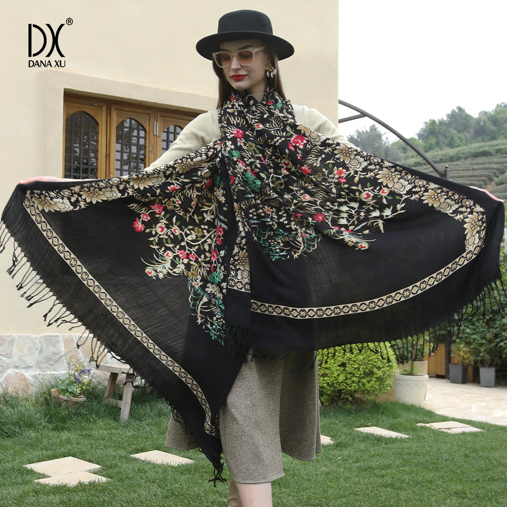 DANA XU 100% Merino Wool Extra Large Pashmina Blanket Travel Scarf Cashmere Wrap for Women Fall Winter Oversize Shawl Floral