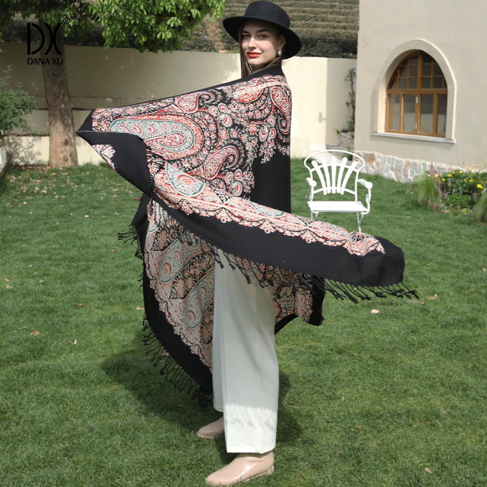 DANA XU 100% Merino Wool Extra Large Pashmina Blanket Travel Scarf Cashmere Wrap for Women Fall Winter Oversize Shawl Floral