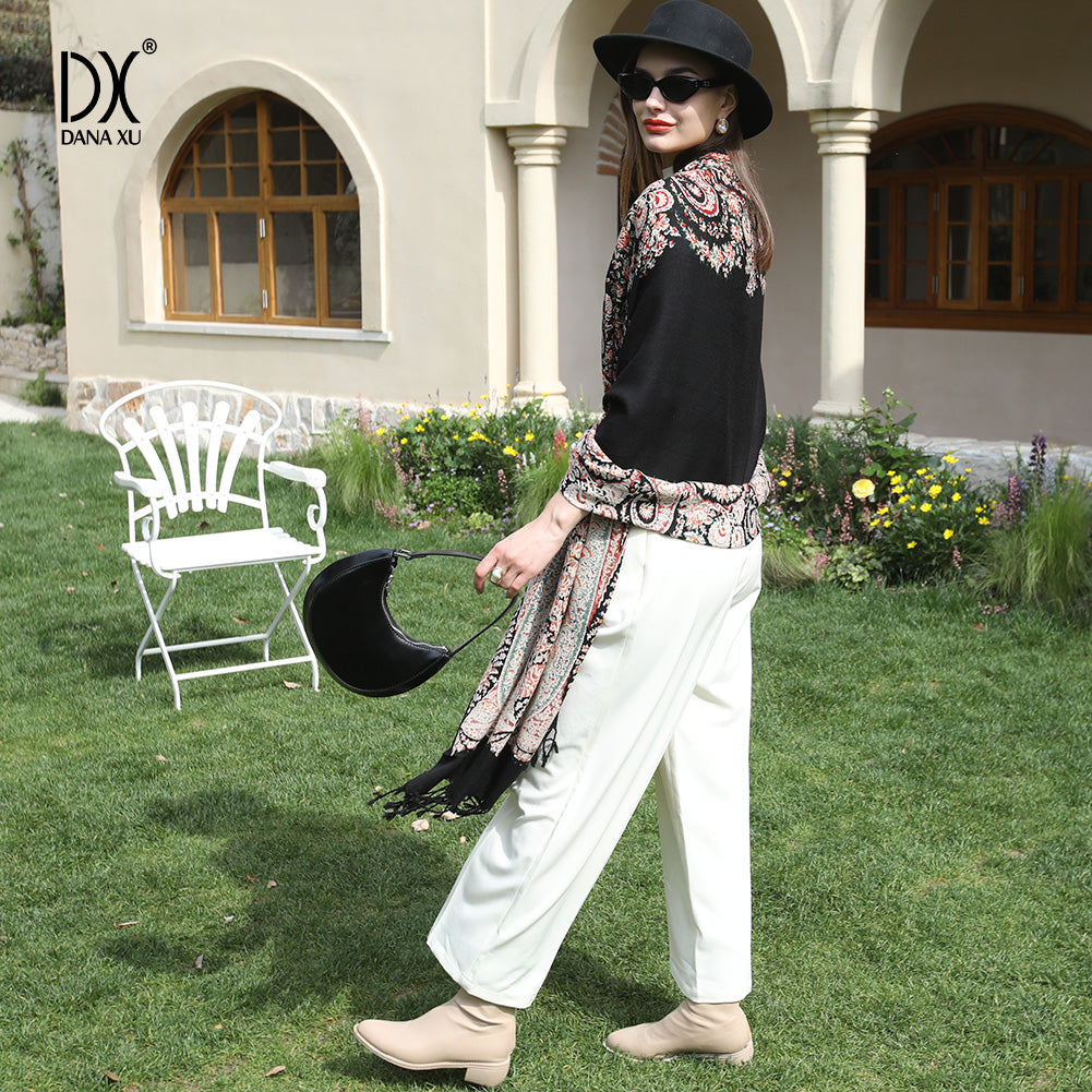 DANA XU 100% Merino Wool Extra Large Pashmina Blanket Travel Scarf Cashmere Wrap for Women Fall Winter Oversize Shawl Floral