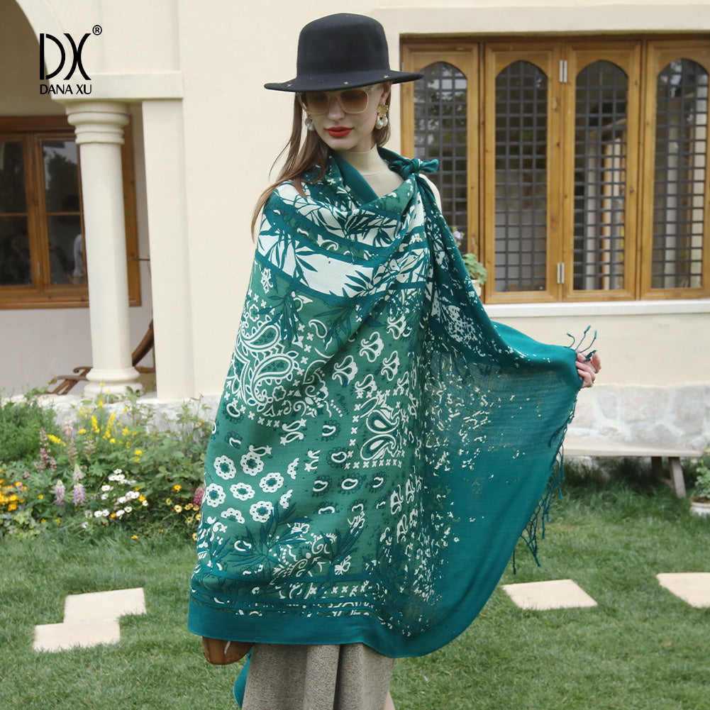 DANA XU 100% Merino Wool Extra Large Pashmina Blanket Travel Scarf Cashmere Wrap for Women Fall Winter Oversize Shawl Floral