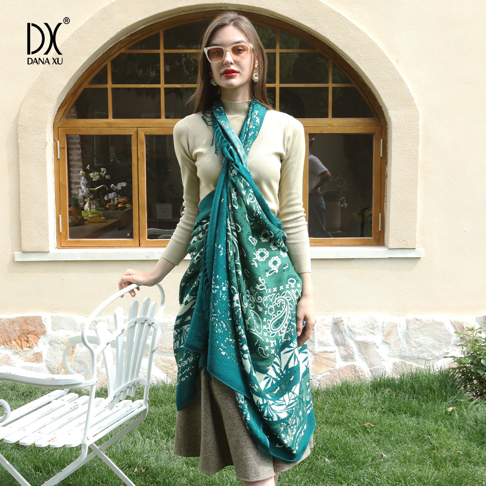 DANA XU 100% Merino Wool Extra Large Pashmina Blanket Travel Scarf Cashmere Wrap for Women Fall Winter Oversize Shawl Floral