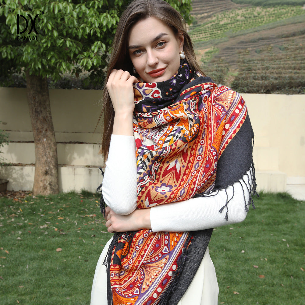 DANA XU 100% Merino Wool Extra Large Pashmina Blanket Travel Scarf Cashmere Wrap for Women Fall Winter Oversize Shawl Floral