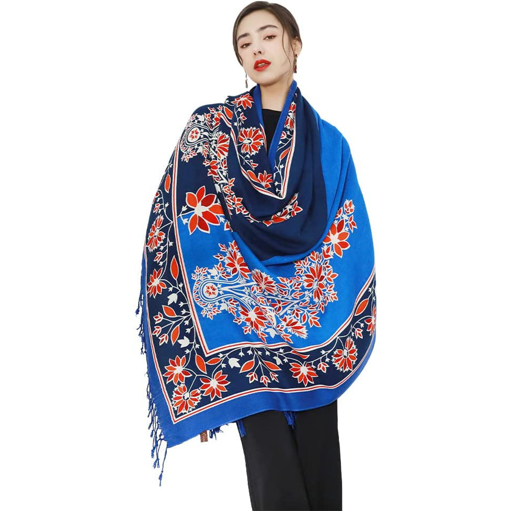 DANA XU 100% Merino Wool Extra Large Pashmina Blanket Travel Scarf Cashmere Wrap for Women Fall Winter Oversize Shawl Floral