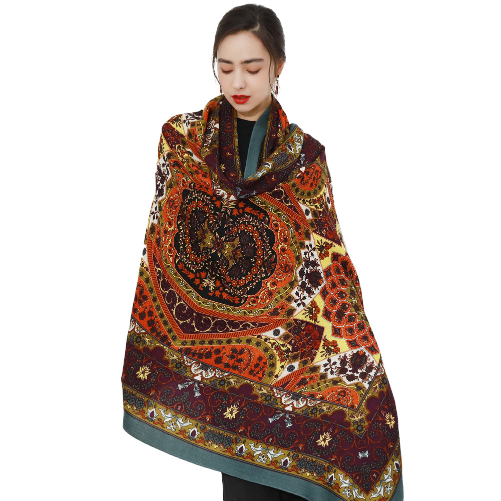 DANA XU 100% Merino Wool Extra Large Pashmina Blanket Travel Scarf Cashmere Wrap for Women Fall Winter Oversize Shawl Floral