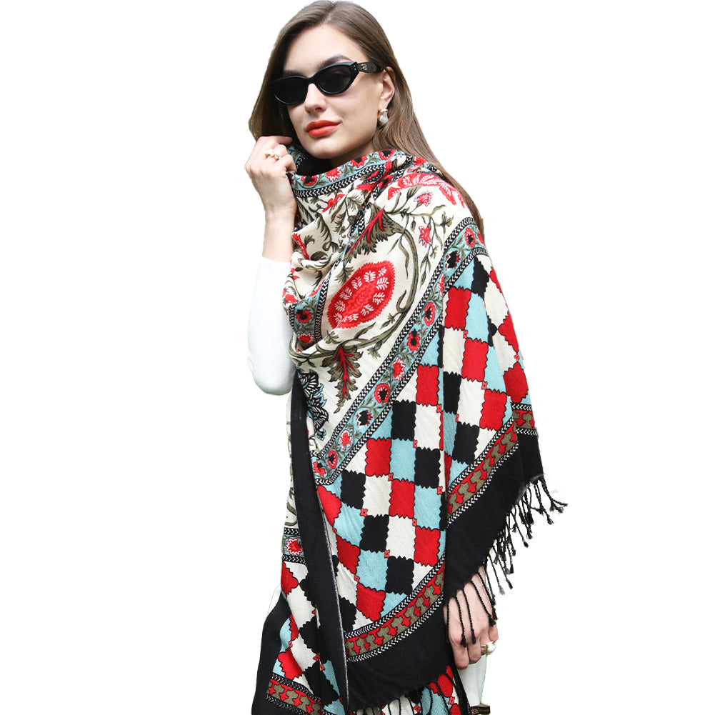 DANA XU 100% Merino Wool Extra Large Pashmina Blanket Travel Scarf Cashmere Wrap for Women Fall Winter Oversize Shawl Floral