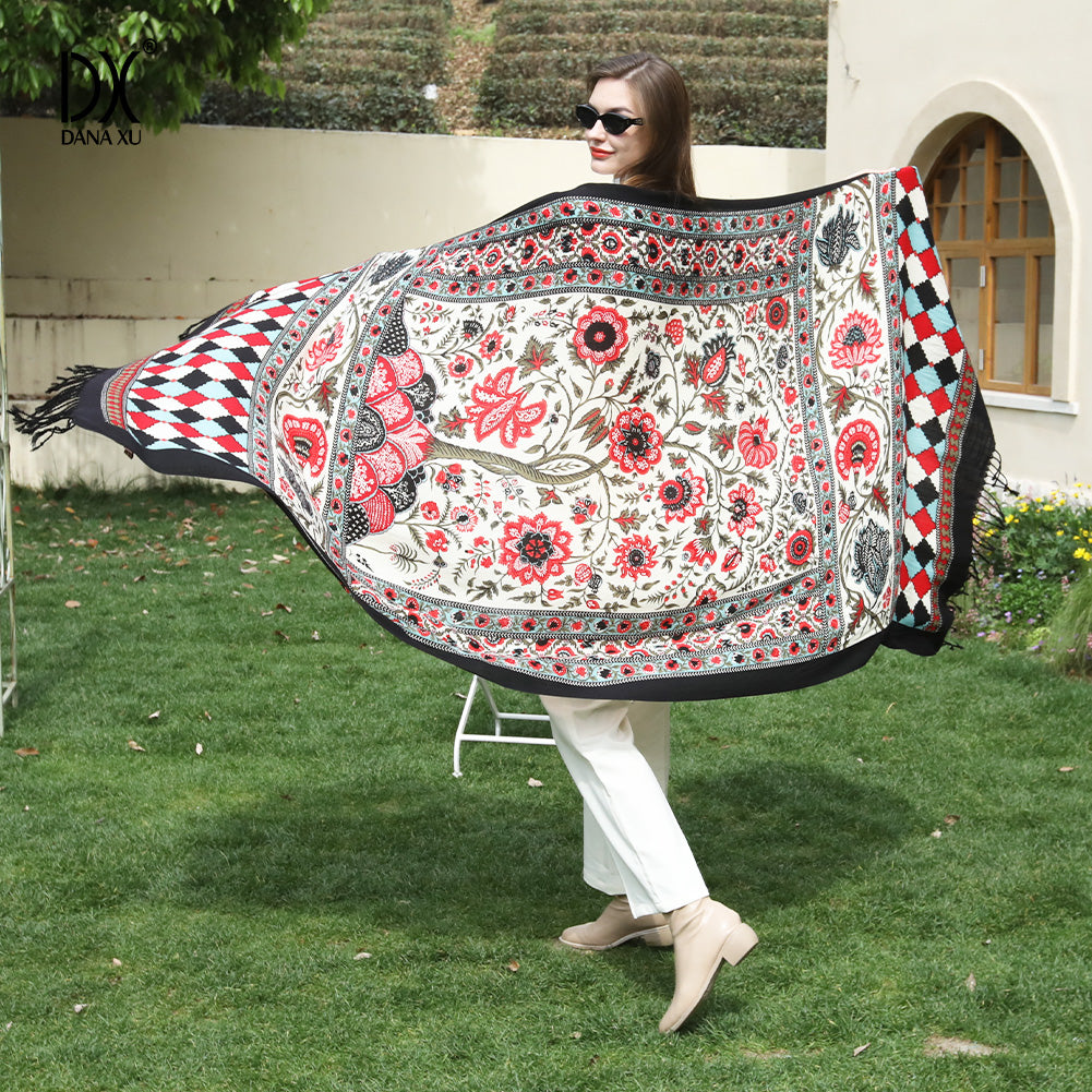 DANA XU 100% Merino Wool Extra Large Pashmina Blanket Travel Scarf Cashmere Wrap for Women Fall Winter Oversize Shawl Floral