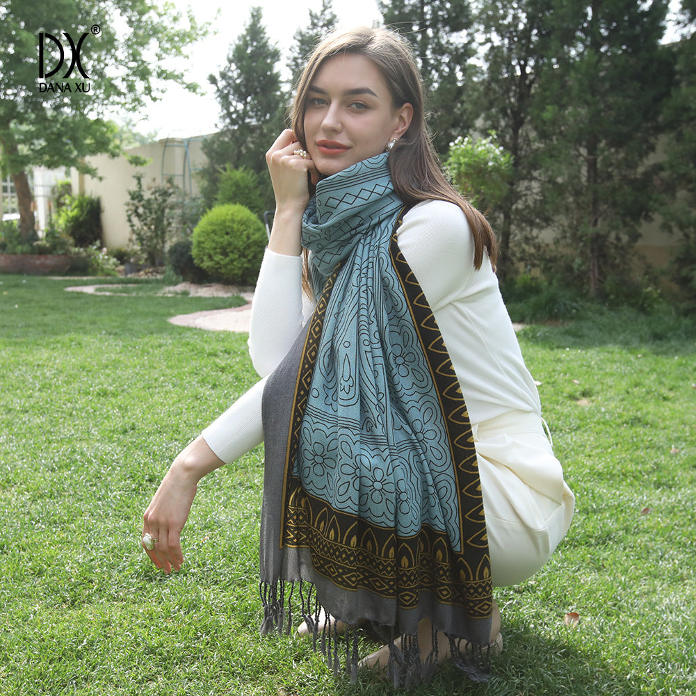 DANA XU 100% Merino Wool Extra Large Pashmina Blanket Travel Scarf Cashmere Wrap for Women Fall Winter Oversize Shawl Floral