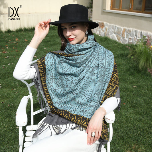 DANA XU 100% Merino Wool Extra Large Pashmina Blanket Travel Scarf Cashmere Wrap for Women Fall Winter Oversize Shawl Floral