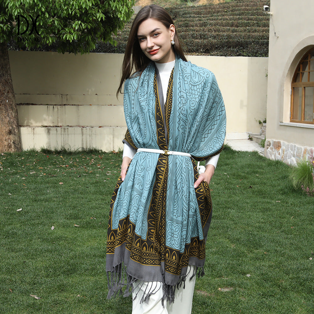 DANA XU 100% Merino Wool Extra Large Pashmina Blanket Travel Scarf Cashmere Wrap for Women Fall Winter Oversize Shawl Floral